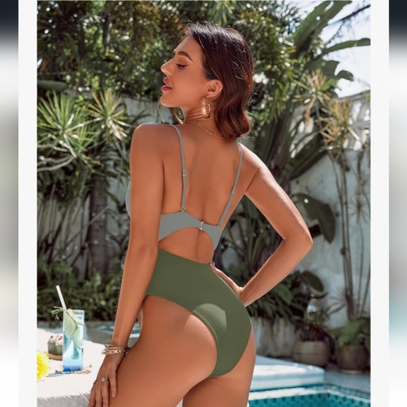 Stylish Olive Green Cutout Swimsuit NWT - Picture 3 of 16